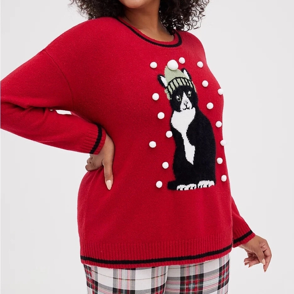 NWT Torrid Winter Red Sweater with Cat And Fluffy Snowball Design Size M/10